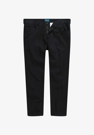 Black trousers made of cotton blend fabric, featuring a zip fly, button closure, two front pockets, and a standard fit design.