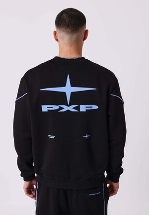 Black sweatshirt with light blue graphic text "PXP" and star designs on the back. Made of cotton, featuring ribbed cuffs and hem.
