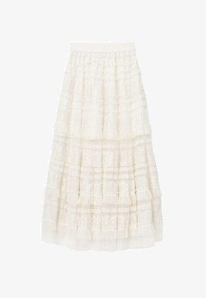 Weißer gestufter Rock aus halbtransparentem Stoff mit Rüschensaum. Verfügt über horizontale Spitzeneinsätze und einen breiten elastischen Bund.