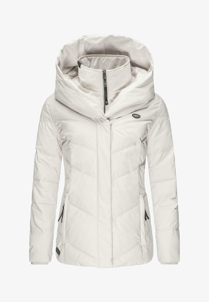 Veste d'hiver blanche matelassée avec col montant, grande capuche, fermeture éclair à l'avant et poches latérales zippées.