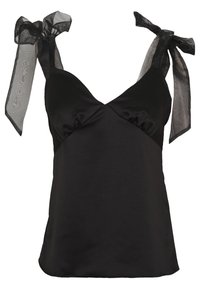 Svart satin topp med en figursydd bodice, V-ringning och transparenta tyllrosetter på axlarna. Slät textur med en enkel, elegant design.