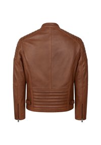 Giubbotto di pelle marrone con un design aderente, dettagli a coste sulle spalle e zip laterali. Texture liscia con uno schienale elegante e ben strutturato.