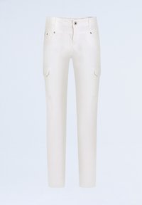 Pantalons écrus au design ajusté, avec des poches latérales, un zip à l'avant et des coutures décoratives. Fabriqués en tissu en coton doux.