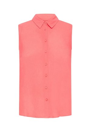 Koraalkleurige blouse met korte mouwen, een kraag en een sluiting met vijf knopen aan de voorkant. Glad materiaal met een licht ontspannen pasvorm.