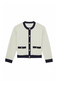 Ivory jopica z mornimi modrimi detajli, s krožnim izrezom, zlatimi gumbi in dvema sprednjima žepoma. Narejena iz mehke, teksturirane tkanine.