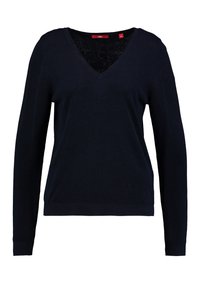 Chabrowy sweter z dekoltem w serek, wykonany z miękkiego, teksturowanego materiału. Długie rękawy z prążkowanymi mankietami i prosta linia dołu. Widoczna metka rozmiaru.