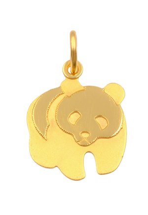 Goldener Anhänger in Form eines Pandas mit glatter Oberfläche, detailliertem Gesicht und abgerundeten Ohren. Enthält eine kleine Öse zur Befestigung.