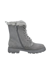 Graue Kunstsuede-Ankle-Boots mit Kunstfellbesatz, Schnürung an der Vorderseite und seitlichem Reißverschluss. Texturiertes Gummisohle mit Grip-Muster für besseren Halt.