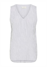 Sleeveless top in white linen with thin vertical stripes. Features a V-neck and a small front pocket. Rounded hem at the bottom.