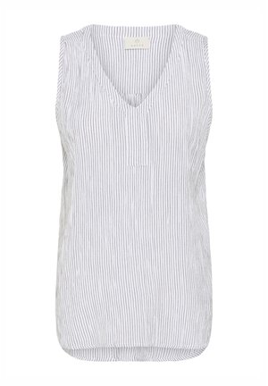 Haut sans manches en lin blanc avec de fines rayures verticales. Il présente un col en V et une petite poche sur le devant. Ourlet arrondi en bas.