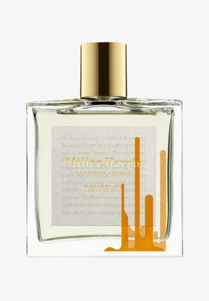 Flacon de parfum rectangulaire transparent avec bouchon doré, étiqueté "Miller Harris Perfumer London Soufflot", présentant un dessin abstrait orange sur le devant.