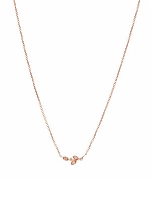 Naszyjnik z łańcuszkiem w kolorze różowego złota z małymi zawieszkami w kształcie liści oraz drobnymi, przezroczystymi kamieniami szlachetnymi ułożonymi w delikatny bukiet na środku.