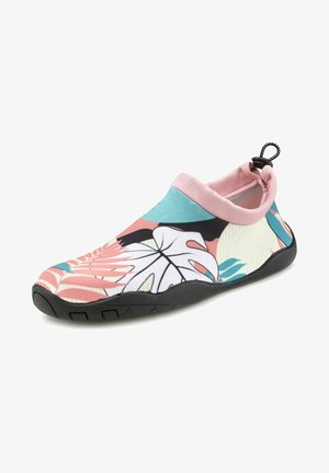 Colorful water shoe featuring a floral print with pink, green, and black accents. Soft fabric upper, black rubber sole, and pull cord for fit.