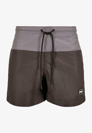 Shorts de bain courts en nuances de gris, avec une taille à cordon et une texture lisse. Un petit logo noir est visible sur le côté.