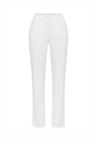Hvite denim bukser med lige ben-design, der har forlommer, knaplukning og glat tekstur. Ingen synlige mønstre eller accenter.
