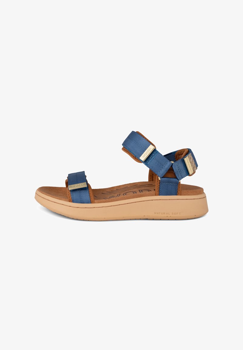 Blue sandal with two adjustable fabric straps and gold-tone accents. Soft brown insole and beige outsole with a textured finish.