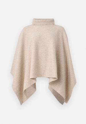 Beige wollen poncho met een hoge kraag, met een vloeiend ontwerp en driehoekige zomen. Zachte textuur met subtiele variaties in tint.