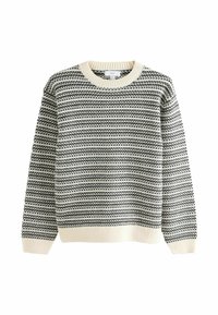 Maglione lavorato a maglia con collo rotondo, caratterizzato da un design a motivo in bianco e nero, con polsini e orlo a coste color crema.