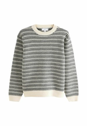 Gebreide sweater met een ronde hals, voorzien van een gemusterd ontwerp in zwart en wit, en crèmekleurige ribboorden en zoom.