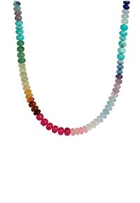 Collar de piedras preciosas multicolores que presenta cuentas ovaladas lisas de tamaño uniforme, que hacen un degradado de rojo a púrpura, con un acabado brillante.