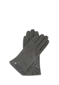 Tumši pelēki cimdi, kas izgatavoti no mīksta materiāla, ar pieguļošu dizainu un piecām pirkstiem, ar smalku logotipa akcentu tuvumā pie aproces.