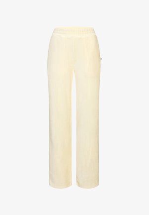 Cremefarbene, gerippte, weite Hosen mit elastischem Bund, entworfen für den Freizeit- oder Lounge-Bereich.