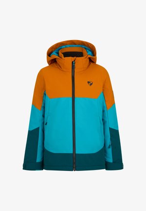 Veste de ski colorée présentant une combinaison de panneaux orange, turquoise et bleu foncé. Comprend une capuche et une fermeture éclair à l'avant.