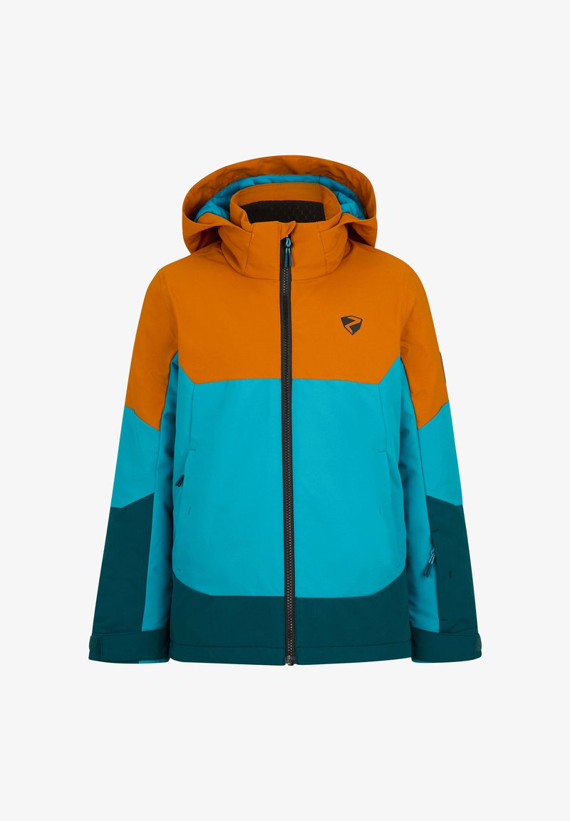 Colorful ski jacket featuring a combination of orange, turquoise, and dark teal panels. Includes a hood and front zipper.