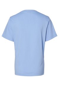 Lichtblauwe kortmouwen crewneck t-shirt van achteren gezien, met een eenvoudige, gladde stof en zonder zichtbare logo's of ontwerpen.