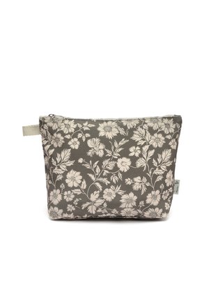 Lille stofpose med beige blomsterprint på grå baggrund og lynlås i toppen med en sidebeslag af stof.