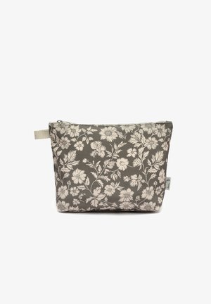 Lille stofpose med beige blomsterprint på grå baggrund og lynlås i toppen med en sidebeslag af stof.