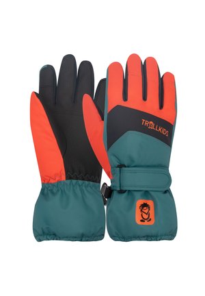 Kinder-Winterhandschuhe in Türkis, Orange und Schwarz mit verstellbaren Handgelenkriemen und Trollkids-Logo auf der Rückseite eines Handschuhs.