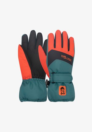 Children's winter gloves in teal, orange, and black with adjustable wrist straps and Trollkids logo on one glove's back.