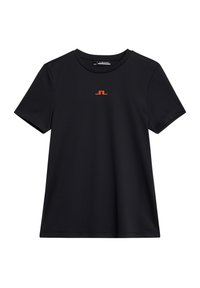 Camiseta negra de manga corta hecha de tela suave, con un pequeño logo naranja en el pecho y un clásico escote redondo.