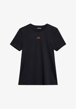 T-shirt noir à manches courtes en tissu lisse, avec un petit logo orange sur la poitrine et un col rond classique.