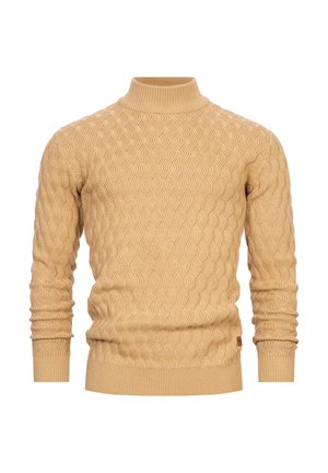 Pulover tricotat bej cu guler înalt, având un model ondulat, cu manșete și tiv ribbate. Croi standard, textură moale și grosime medie.