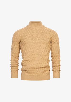 Pull en tricot beige avec un col montant, arborant un motif ondulé, des poignets et un ourlet côtelés. Coupe standard, texture douce et épaisseur moyenne.