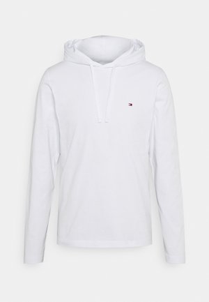 Hoodie blanc à manches longues avec capuche à cordon et petit logo brodé rouge, blanc et bleu sur la poitrine gauche.