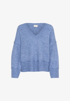 Maglione azzurro chiaro in maglia con scollatura a V, spalle scese e polsini e orlo a costine. Texture morbida e vestibilità rilassata per il massimo comfort.