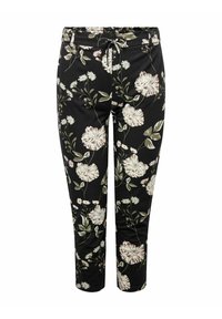 Svarta taperade byxor med elastisk midja och dragsko, med ett vitt och grönt blommönster över hela.