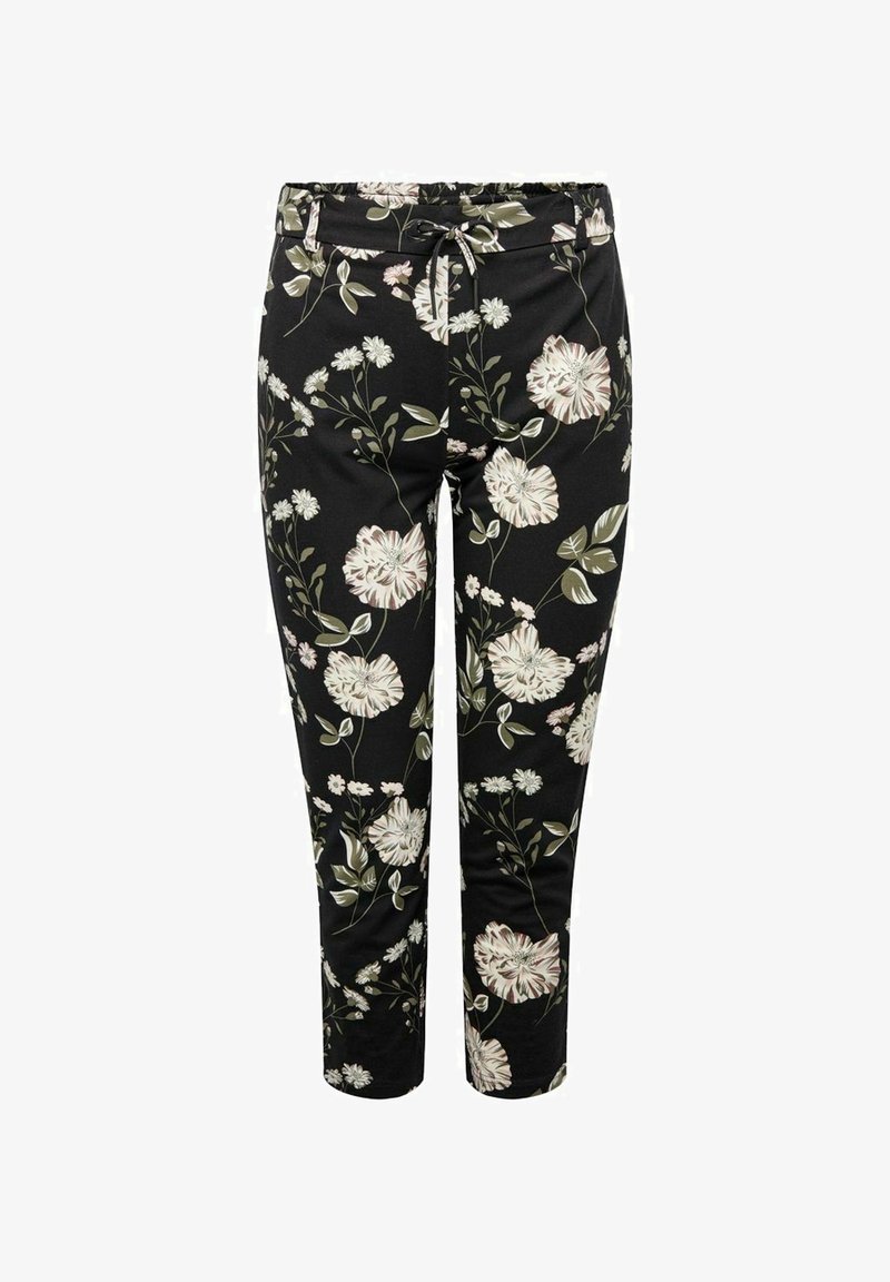 Svarta taperade byxor med elastisk midja och dragsko, med ett vitt och grönt blommönster över hela.