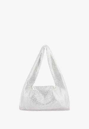 Borsa metallica argentata con una texture liscia, design a rete e forma hobo morbida. Presenta un manico singolo per una facile portabilità.
