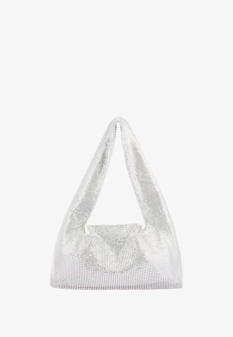 Ezüst fém múltú táska sima textúrával, hálós dizájnnal és lógós hobo formával. Egyetlen fogantyúja van, ami megkönnyíti a hordozást.