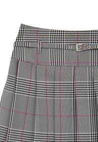 Grauer Karorock mit einem plissierten Design, kontrastierenden pinken Linien und einem Taillenbund mit einer metallischen Schnalle sowie verstellbaren Trägern.