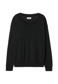 Sweat-shirt noir à manches longues en tissu doux, avec un col rond, des poignets côtelés et une ceinture ajustée. Design minimaliste.