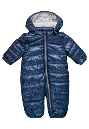 Marineblauer, gefütterter Babyschneeanzug mit Kapuze, Reißverschluss vorne und grauem Innenfutter, entwickelt zum Schutz bei kaltem Wetter.