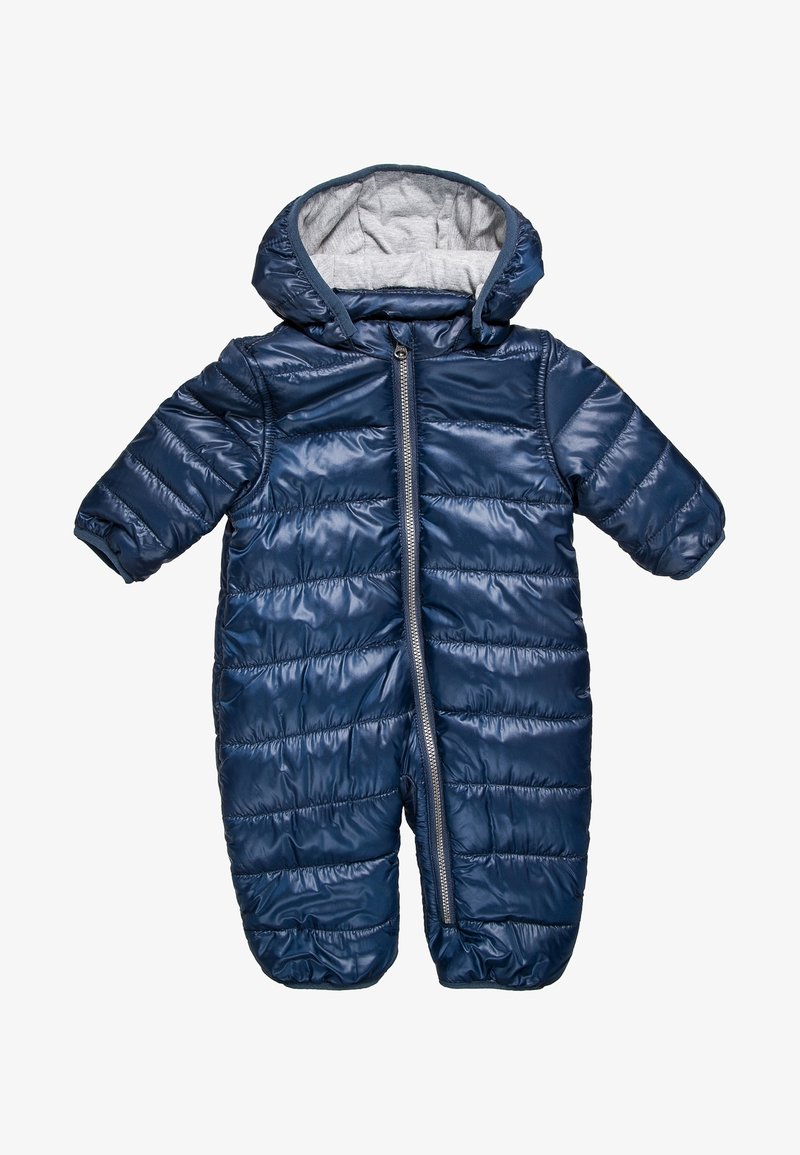 Combinaison d'hiver rembourrée pour bébé en bleu marine, avec capuche, fermeture éclair à l'avant et doublure intérieure grise, conçue pour la protection contre le froid.