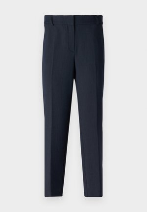 Pantalon de costume bleu marine avec une texture lisse, une coupe ajustée, un devant plat et des jambes droites. Comprend des passants de ceinture et pas de poches visibles.