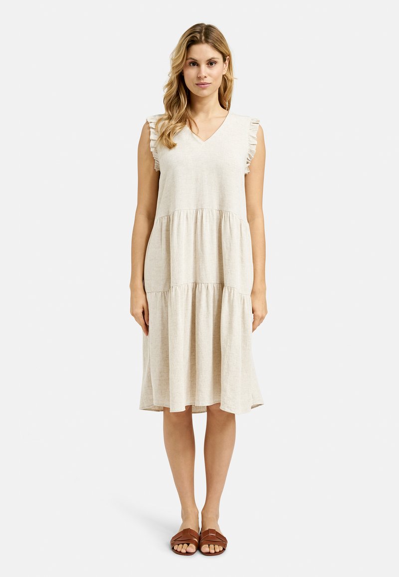 Hellbeige Leinenkleid mit V-Ausschnitt, Rüschendetails an den Ärmeln und einem gestuften Rock. Kombiniert mit braunen Schlüpfsandalen.