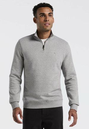 Hellgrauer Pullover mit halbem Reißverschluss am Kragen, gerippten Bündchen und Saum. Verfügt über ein kleines Logo auf der Brust. Smoothe Textur, lässige Passform.